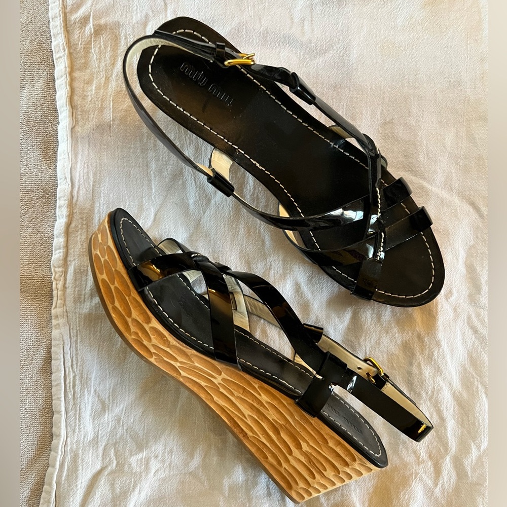 Miu Miu Black and Brown Wedge Sandals